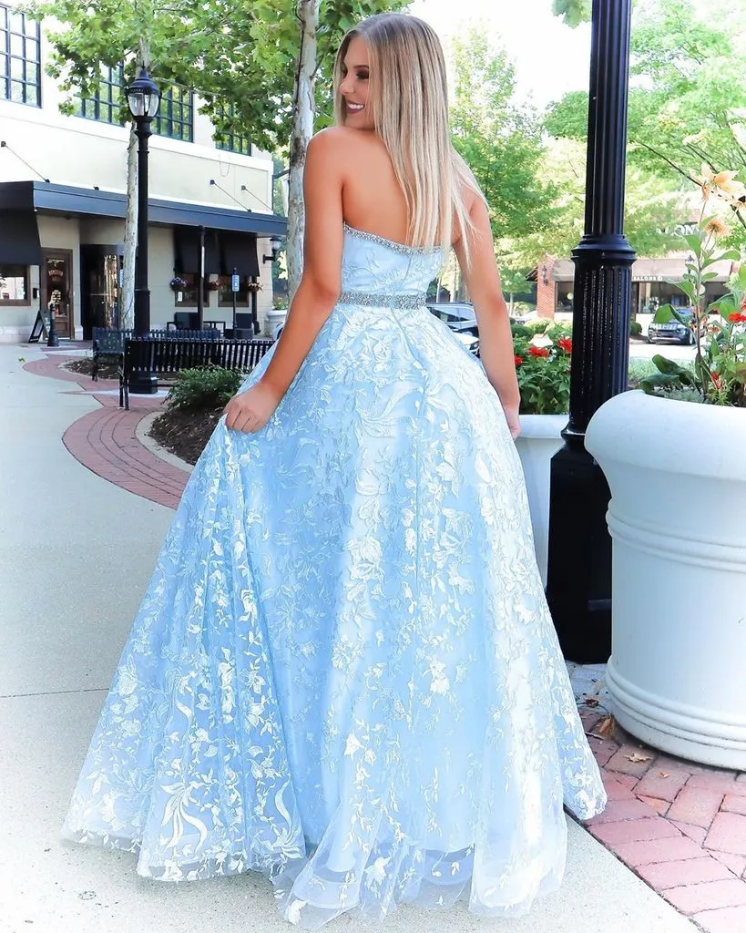 Anneprom Chic A-line Strapless Blue Lace Long Prom Dresses Evening Dress APP0467
