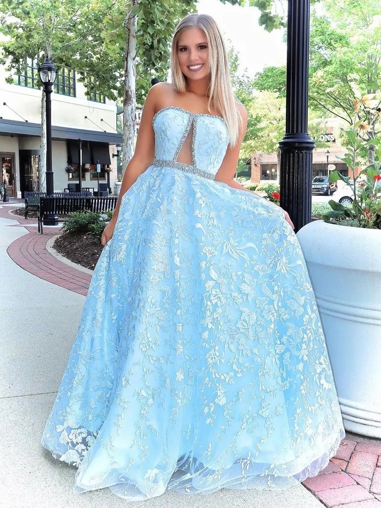 Anneprom Chic A-line Strapless Blue Lace Long Prom Dresses Evening Dress APP0467