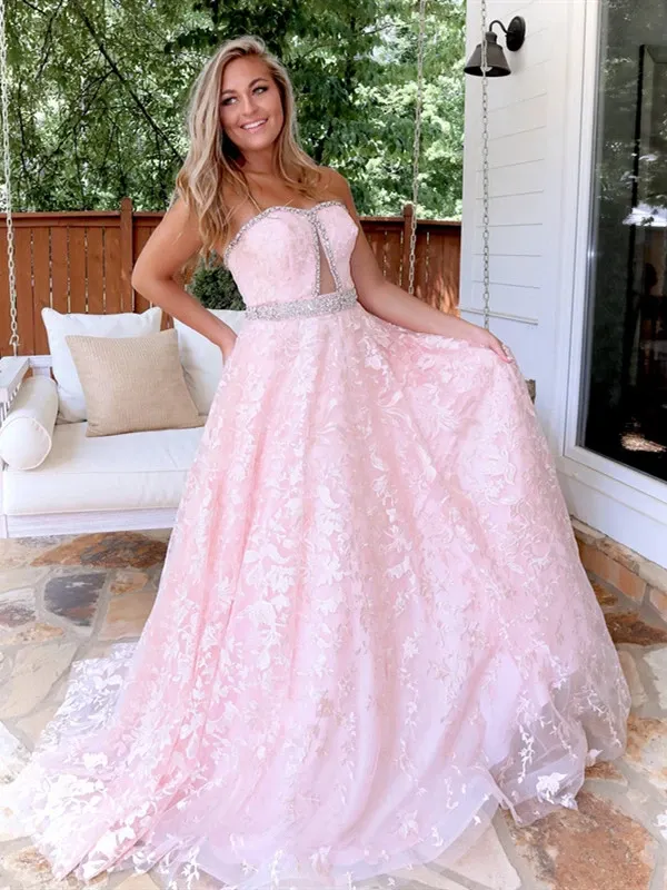 Anneprom Chic A-line Strapless Blue Lace Long Prom Dresses Evening Dress APP0467