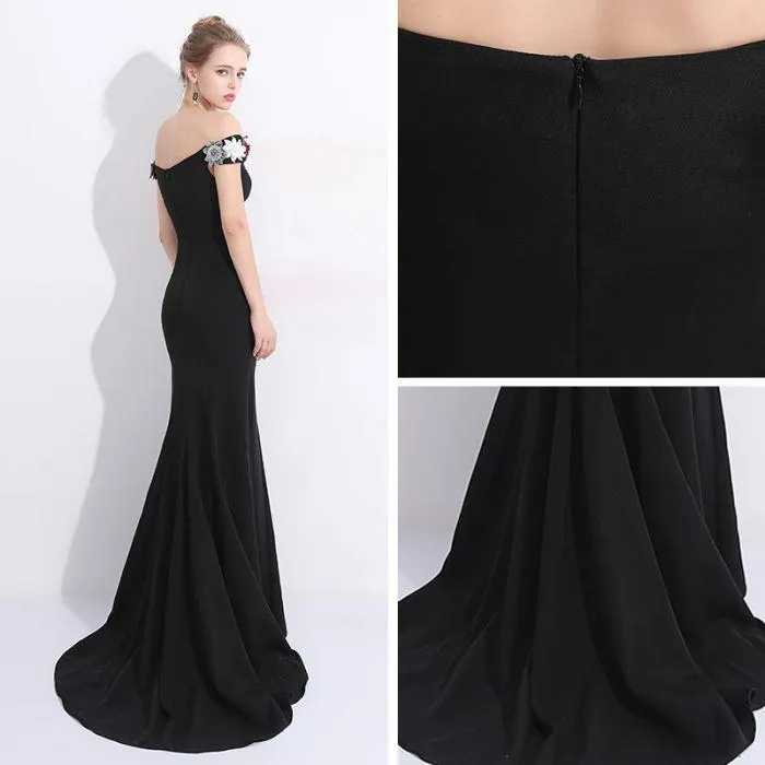 Anneprom Chic Mermaid Prom Dress Black Off Shoulder Flower Long Prom Dress Party Dress APP0355