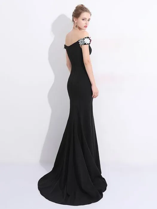 Anneprom Chic Mermaid Prom Dress Black Off Shoulder Flower Long Prom Dress Party Dress APP0355