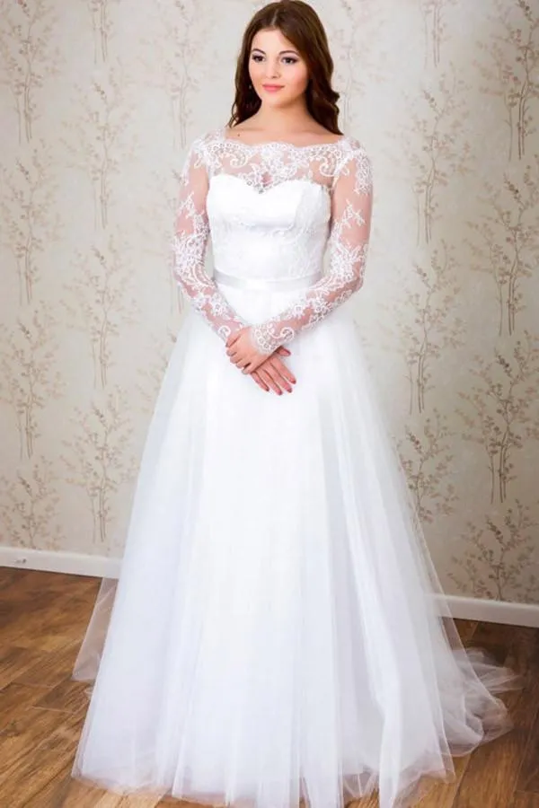 Anneprom Elegant A-Line Long Sleeves White Lace Wedding Dress Bridal Gowns APW0072