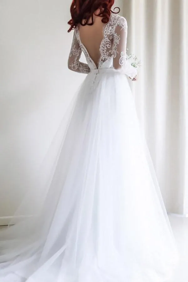 Anneprom Elegant A-Line Long Sleeves White Lace Wedding Dress Bridal Gowns APW0072