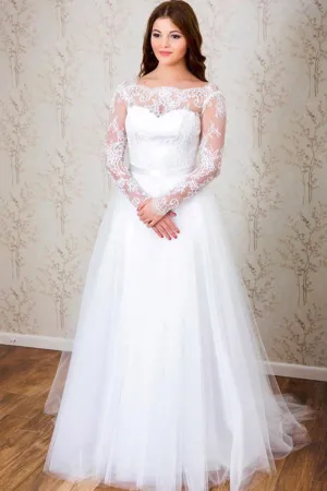 Anneprom Elegant A-Line Long Sleeves White Lace Wedding Dress Bridal Gowns APW0072
