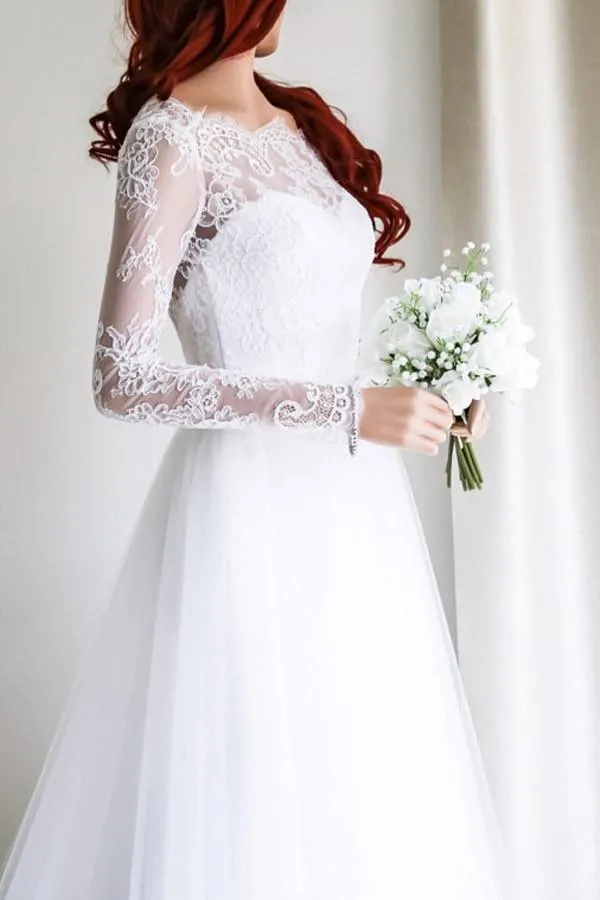 Anneprom Elegant A-Line Long Sleeves White Lace Wedding Dress Bridal Gowns APW0072
