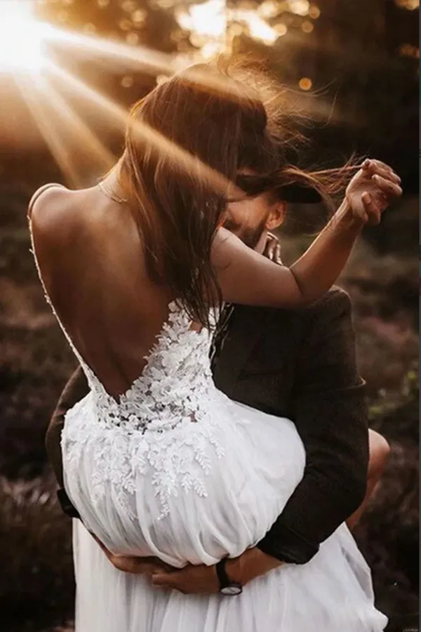 Anneprom Elegant White Backless A line Unlined Lace Bodice V neck Wedding Dress APW0395