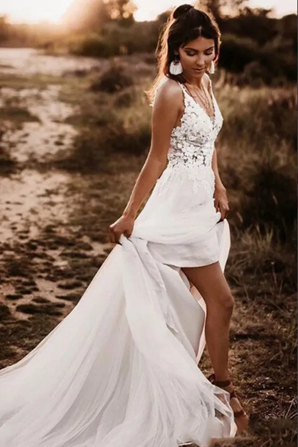 Anneprom Elegant White Backless A line Unlined Lace Bodice V neck Wedding Dress APW0395
