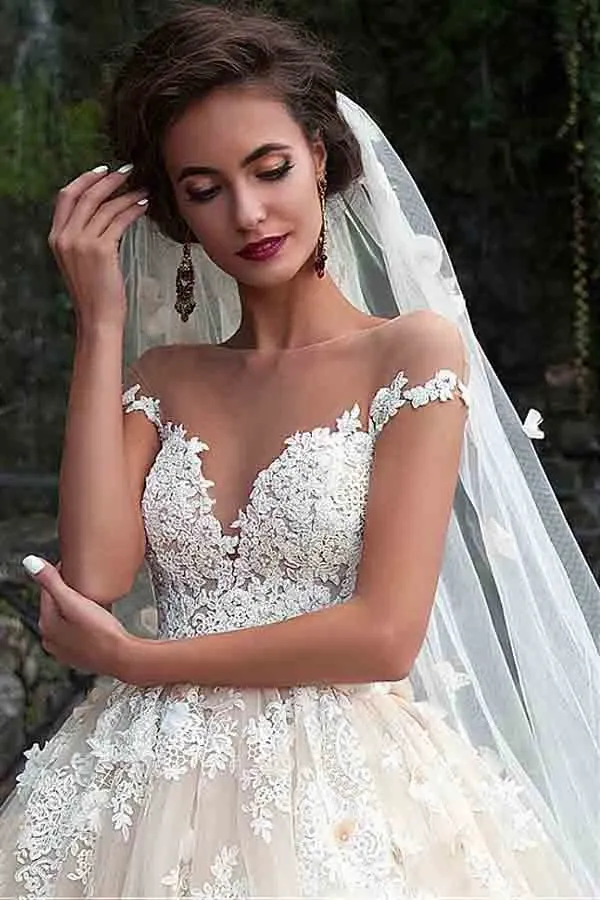 Anneprom Fantastic Tulle Bateau Neckline Ball Gown Wedding Dresses With Lace APW0185