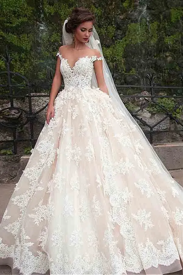 Anneprom Fantastic Tulle Bateau Neckline Ball Gown Wedding Dresses With Lace APW0185
