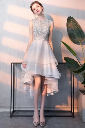 Anneprom Gray High Low Beaded A Line Tulle Homecoming Dresses With Bownot APH0052