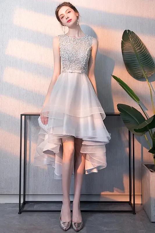 Anneprom Gray High Low Beaded A Line Tulle Homecoming Dresses With Bownot APH0052