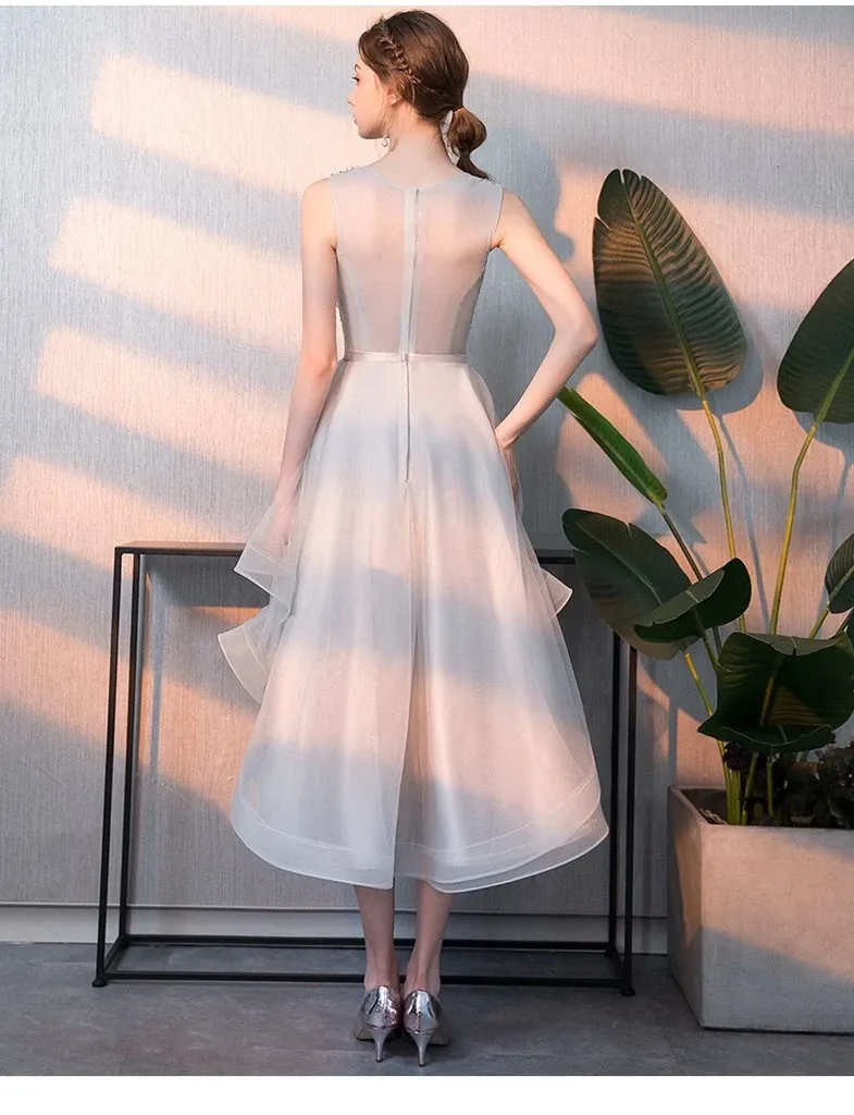 Anneprom Gray High Low Beaded A Line Tulle Homecoming Dresses With Bownot APH0052