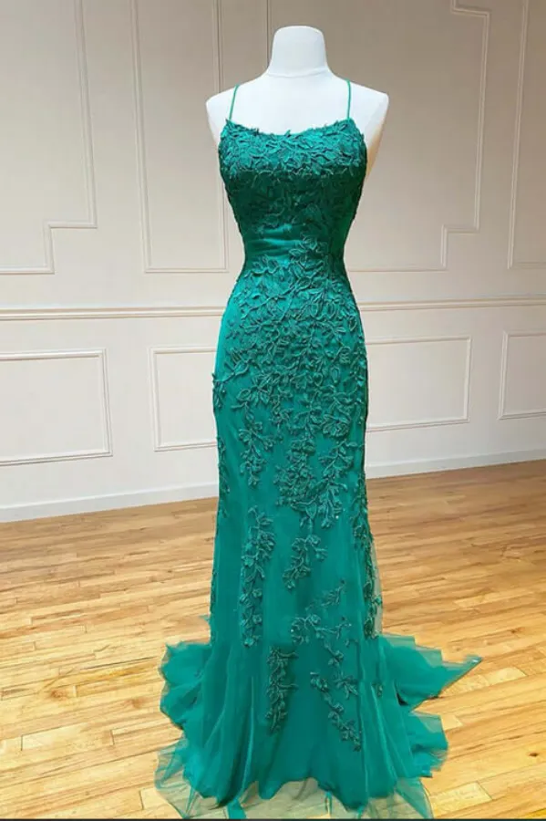 Anneprom Green Lace Mermaid Backless Spaghetti Straps Prom Dresses, Evening Gown APP0672