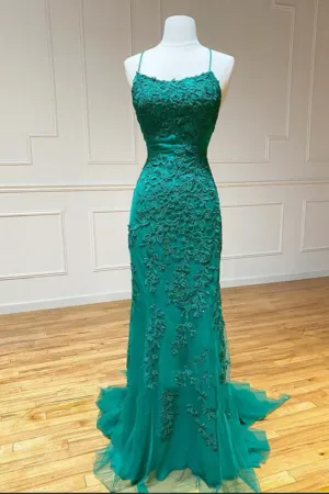 Anneprom Green Lace Mermaid Backless Spaghetti Straps Prom Dresses, Evening Gown APP0672