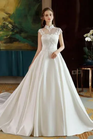 Anneprom Ivory High Neck Ball Gown Lace Applique Cheap Wedding Dresses APW0151