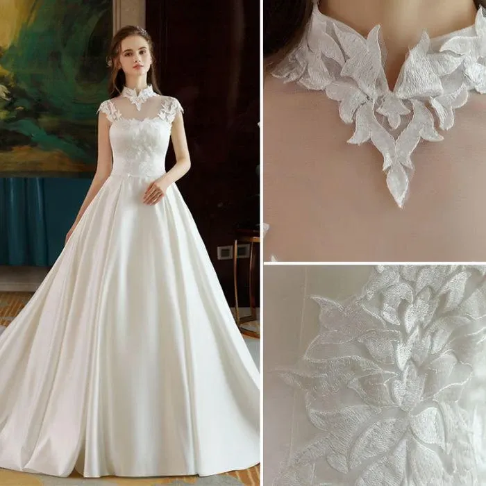 Anneprom Ivory High Neck Ball Gown Lace Applique Cheap Wedding Dresses APW0151
