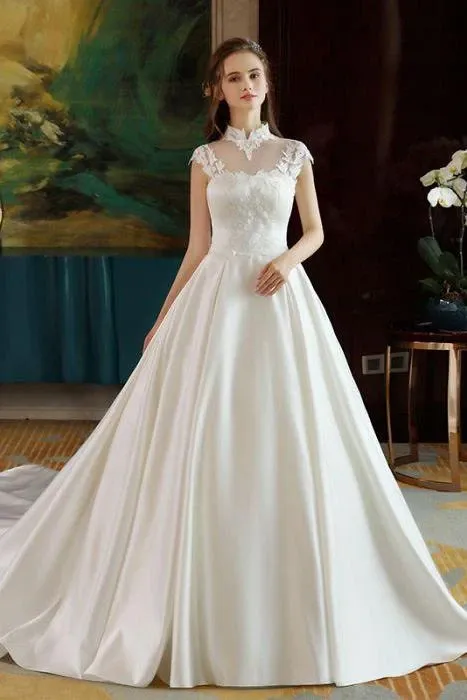 Anneprom Ivory High Neck Ball Gown Lace Applique Cheap Wedding Dresses APW0151