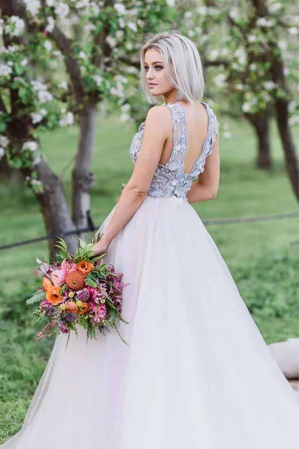 Anneprom Layered Plunging Neck V-Back Long Wedding Dress With Colored Appliques APW0189