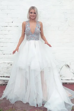 Anneprom Layered Plunging Neck V-Back Long Wedding Dress With Colored Appliques APW0189
