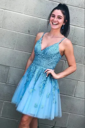 Anneprom Light Blue Lace A Line V Neck Homecoming Dresses, Graduation Dress APH0128