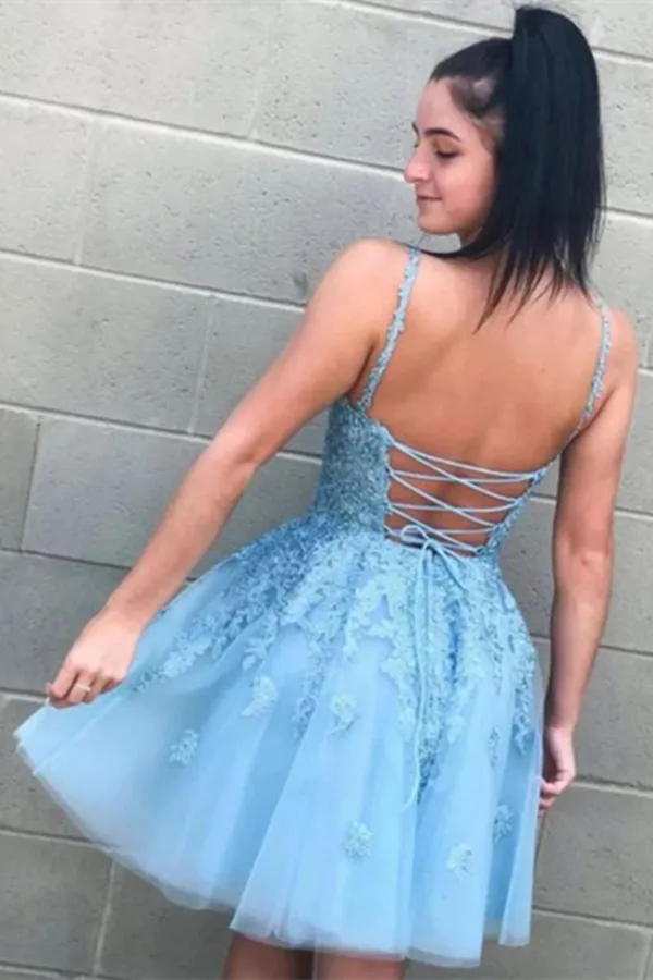 Anneprom Light Blue Lace A Line V Neck Homecoming Dresses, Graduation Dress APH0128