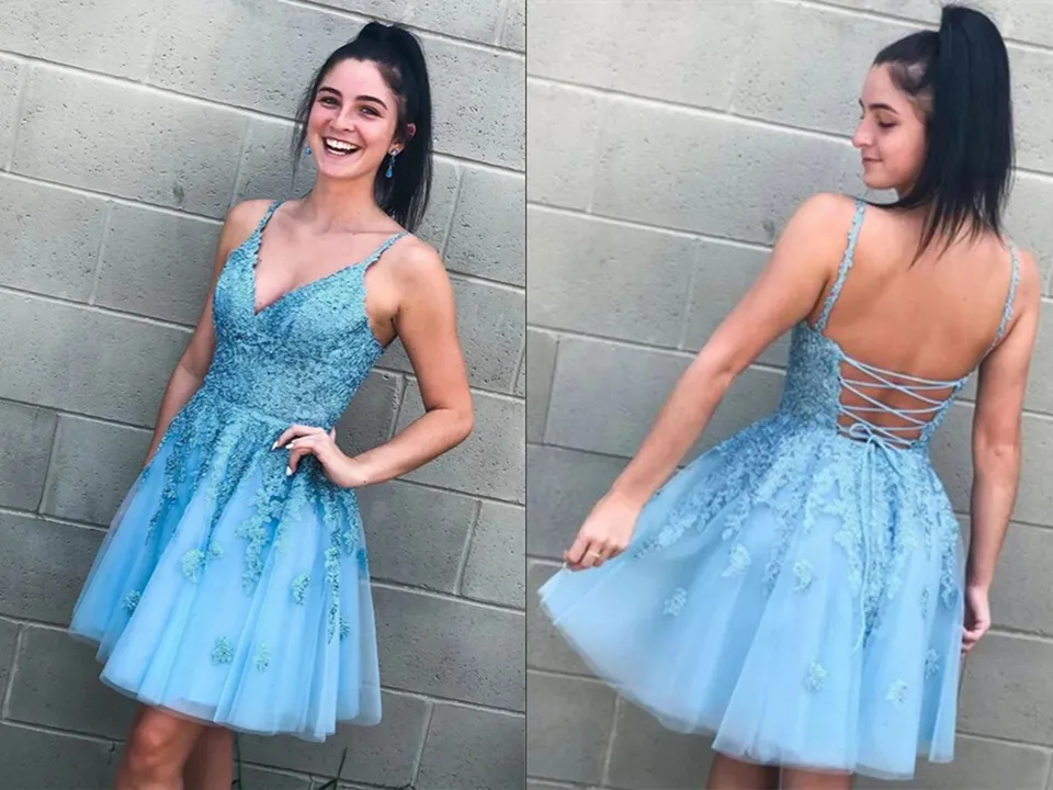 Anneprom Light Blue Lace A Line V Neck Homecoming Dresses, Graduation Dress APH0128