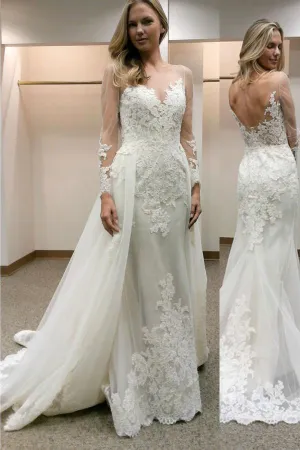 Anneprom Long Sleeves Sheath Wedding Dress With Lace Detachable Train APW0062