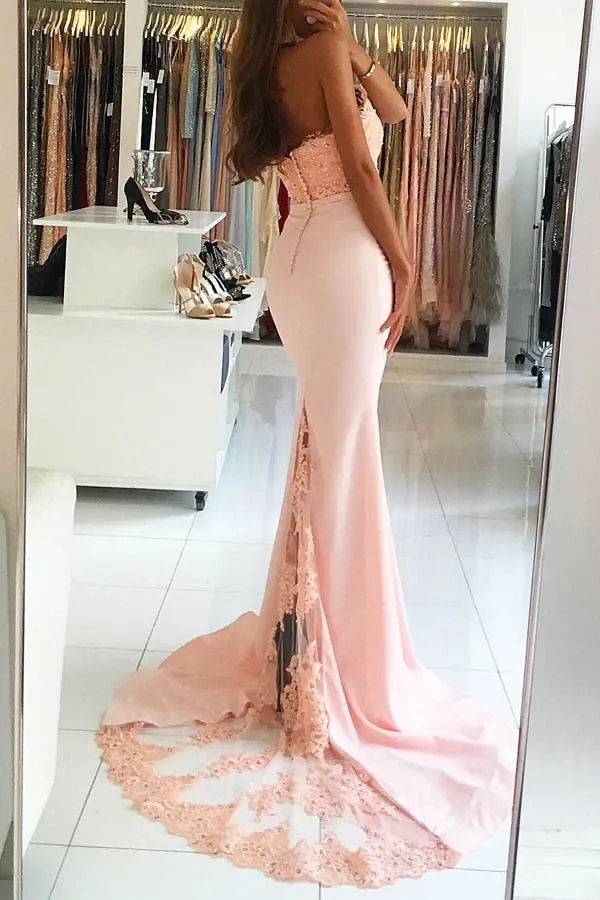 Anneprom Mermaid High Nack Sweep Train Pink Satin Prom Dress With Beading Lace APP0181