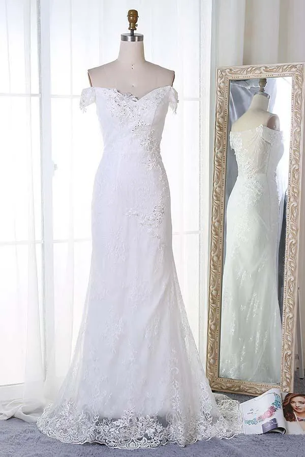 Anneprom Mermaid Off-The-Shoulder Sweep Train White Lace Wedding Dress With Appliques APW0202