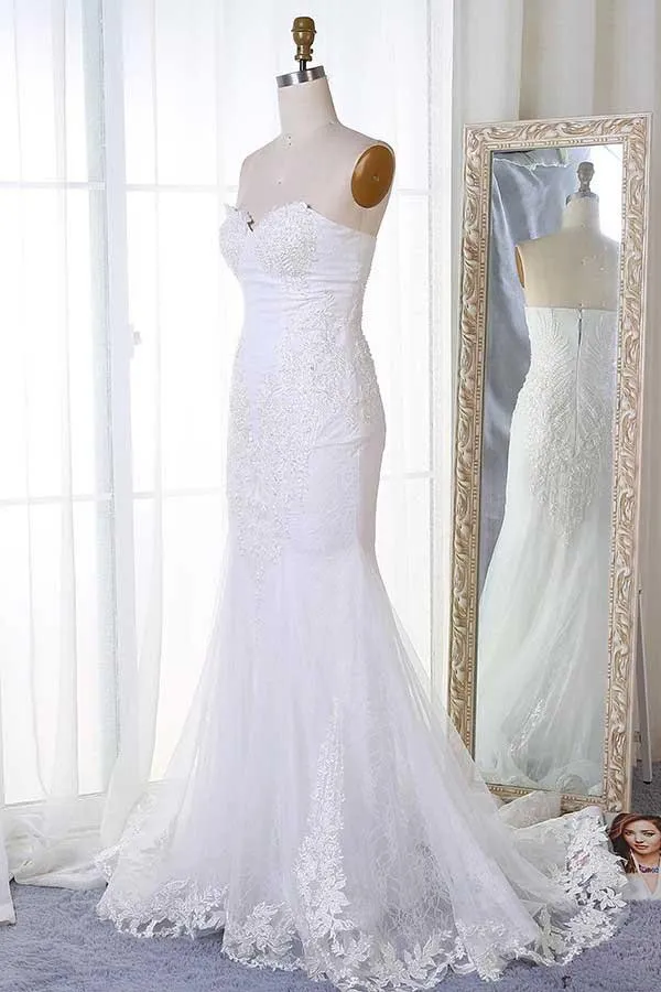 Anneprom Mermaid Sweetheart Sweep Train White Tulle Wedding Dress With Appliques APW0203