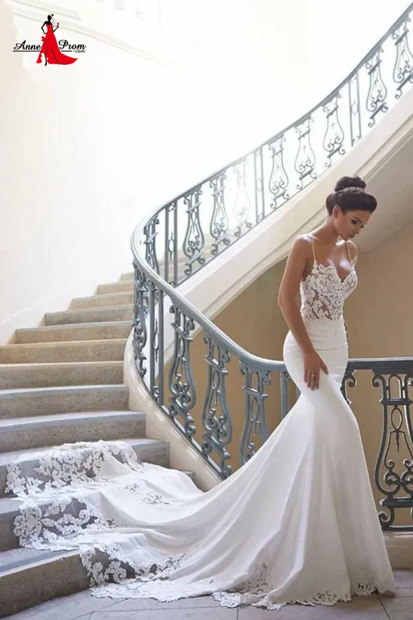 Anneprom Promfast 2021 Cheap Mermaid Lace Satin Ivory Spaghetti Straps V Neck Wedding Dresses APW0196