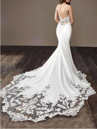 Anneprom Promfast 2021 Cheap Mermaid Lace Satin Ivory Spaghetti Straps V Neck Wedding Dresses APW0196
