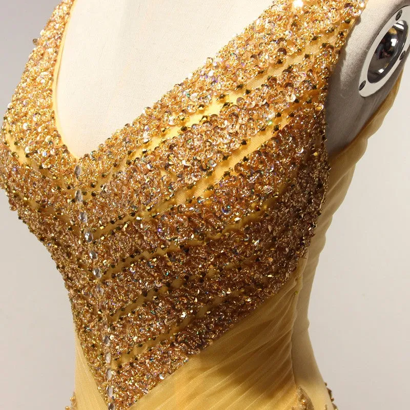 Anneprom Real Picture Yellow Long Evening Party Dresses Beading Lace Up Black Girl African Prom Formal Gowns APP0407