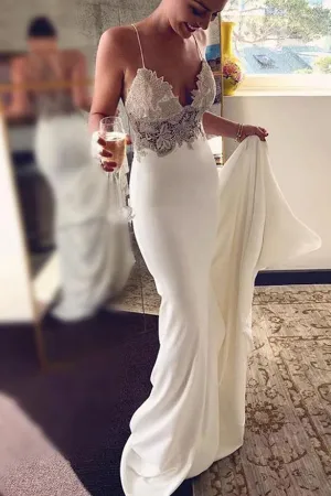 Anneprom Sexy Spaghetti Straps Mermaid Beach Wedding Dresses, Long Prom Dress with Lace APW0347