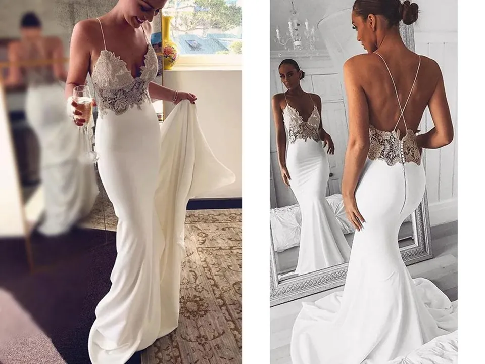 Anneprom Sexy Spaghetti Straps Mermaid Beach Wedding Dresses, Long Prom Dress with Lace APW0347