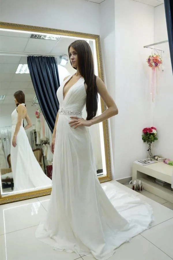 Anneprom Sheath Halter Backless Sweep Train Wedding Dress With Beading APW0085