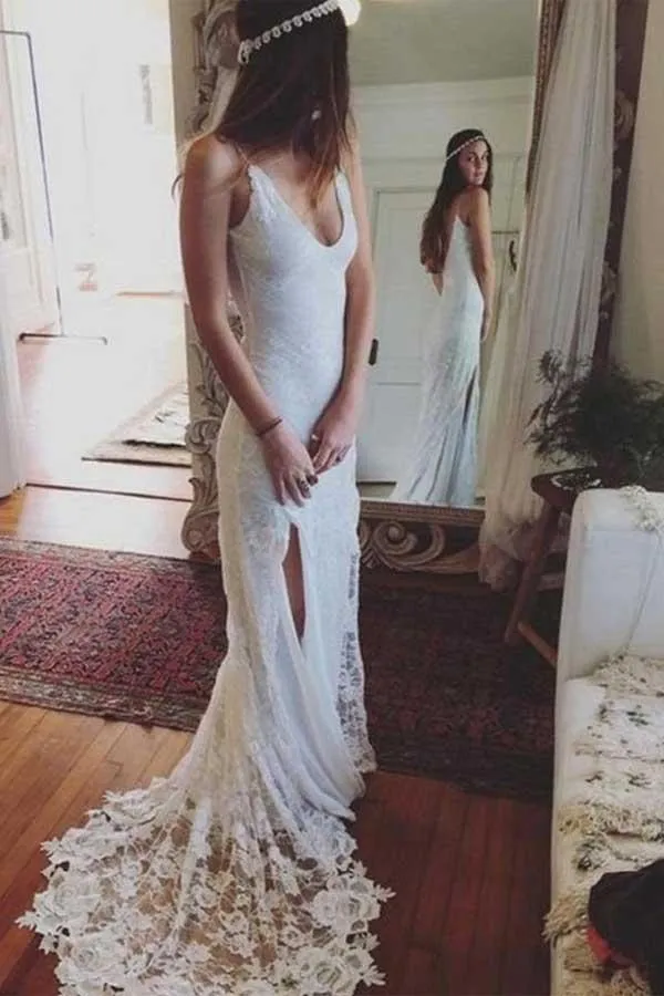 Anneprom Sheath Lace Backless Scoop Sleeveless Split Court Train Wedding Dress APW0204
