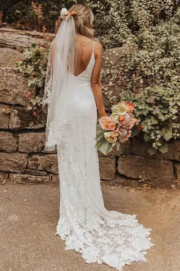 Anneprom Sheath Lace Backless Scoop Sleeveless Split Court Train Wedding Dress APW0204