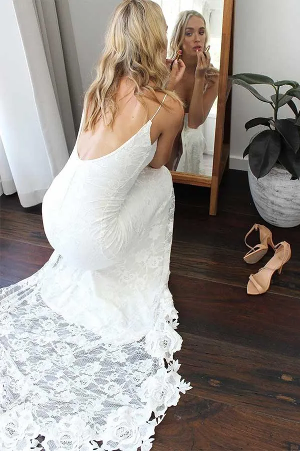 Anneprom Sheath Lace Backless Scoop Sleeveless Split Court Train Wedding Dress APW0204