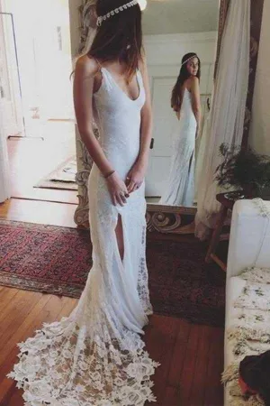 Anneprom Sheath Lace Backless Scoop Sleeveless Split Court Train Wedding Dress APW0204