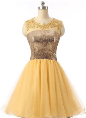 Anneprom Short Graduation Dresses Yellow Sequin Short Sexy Formal Evening Dress Custom Made APH0106