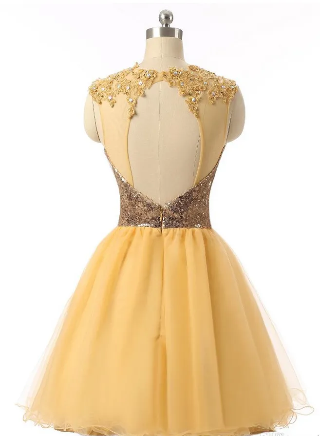 Anneprom Short Graduation Dresses Yellow Sequin Short Sexy Formal Evening Dress Custom Made APH0106