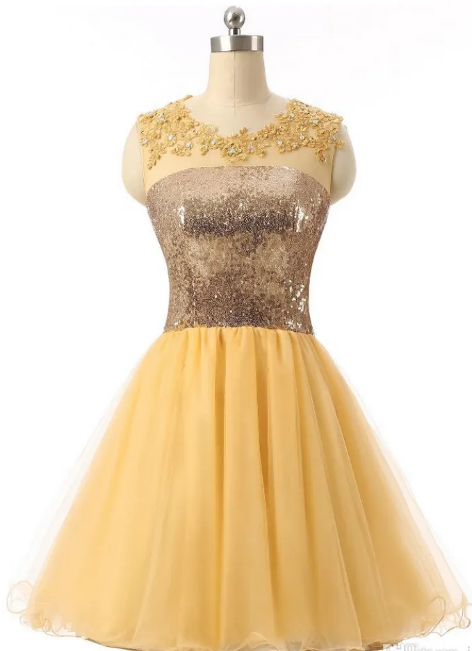 Anneprom Short Graduation Dresses Yellow Sequin Short Sexy Formal Evening Dress Custom Made APH0106