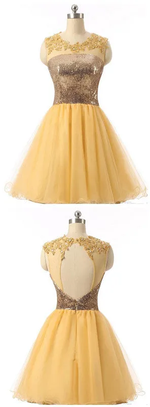 Anneprom Short Graduation Dresses Yellow Sequin Short Sexy Formal Evening Dress Custom Made APH0106