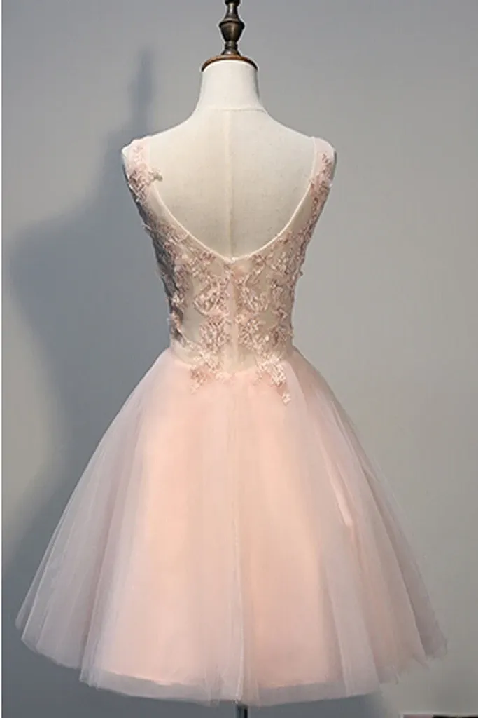 Anneprom Short Open Back Pearl Pink Homecoming Dresses With Appliques APH0014
