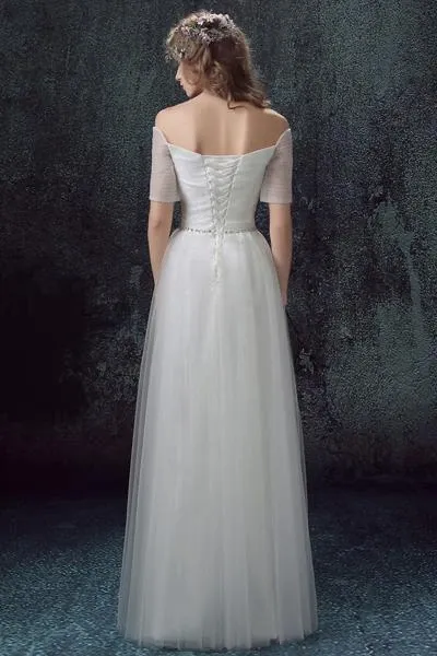 Anneprom Simple Tulle Off Shoulder Floor-Length Short Sleeves A-line Lace Up Back Wedding Dress APW0152