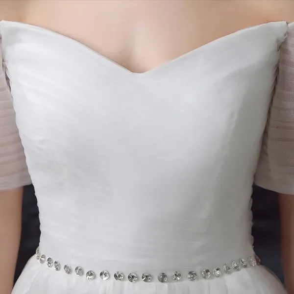 Anneprom Simple Tulle Off Shoulder Floor-Length Short Sleeves A-line Lace Up Back Wedding Dress APW0152