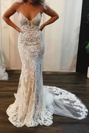 Anneprom Spaghetti Strap Mermaid Wedding Dresses Lace Appliques Long Bridal Dress APW0240