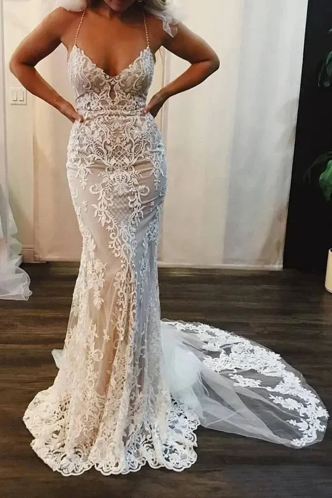 Anneprom Spaghetti Strap Mermaid Wedding Dresses Lace Appliques Long Bridal Dress APW0240