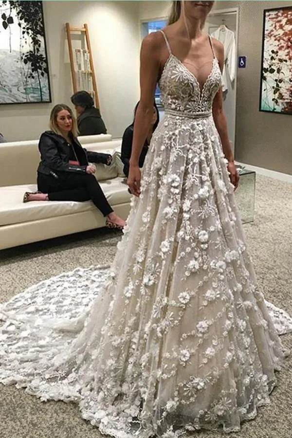 Anneprom Spaghetti Straps Court Train Backless Wedding Dress With Beading APW0154